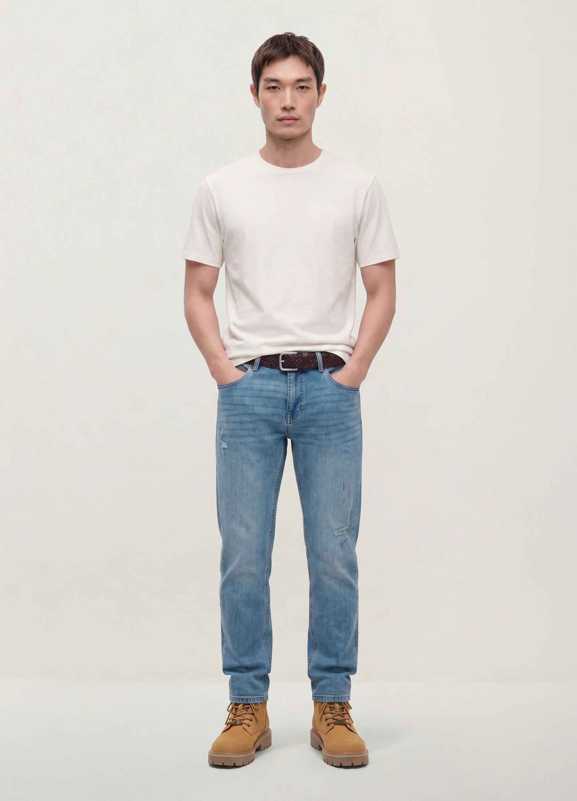 Light blue stretch cotton denim jeans, regular fit