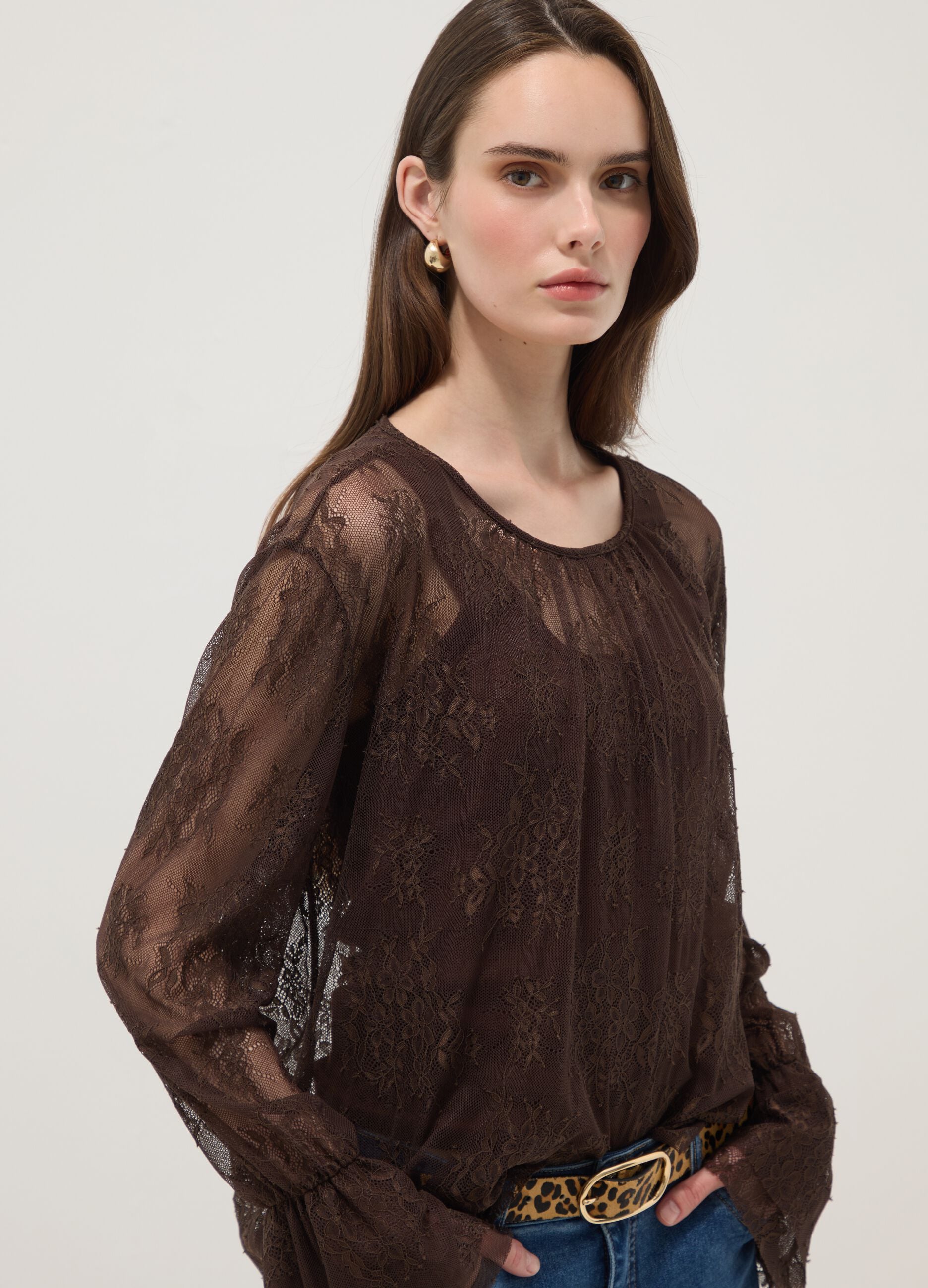 Brown stretch lace blouse with regular fit
