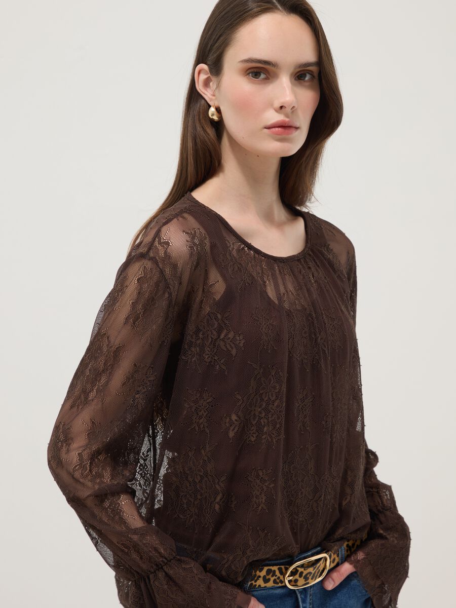 Brown stretch lace blouse with regular fit_0