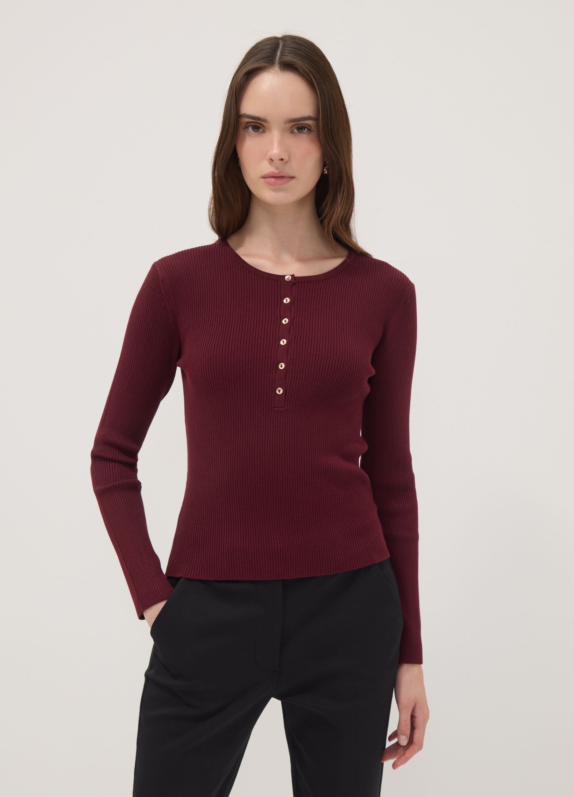 Red fitted ribbed viscose-blend top with buttons