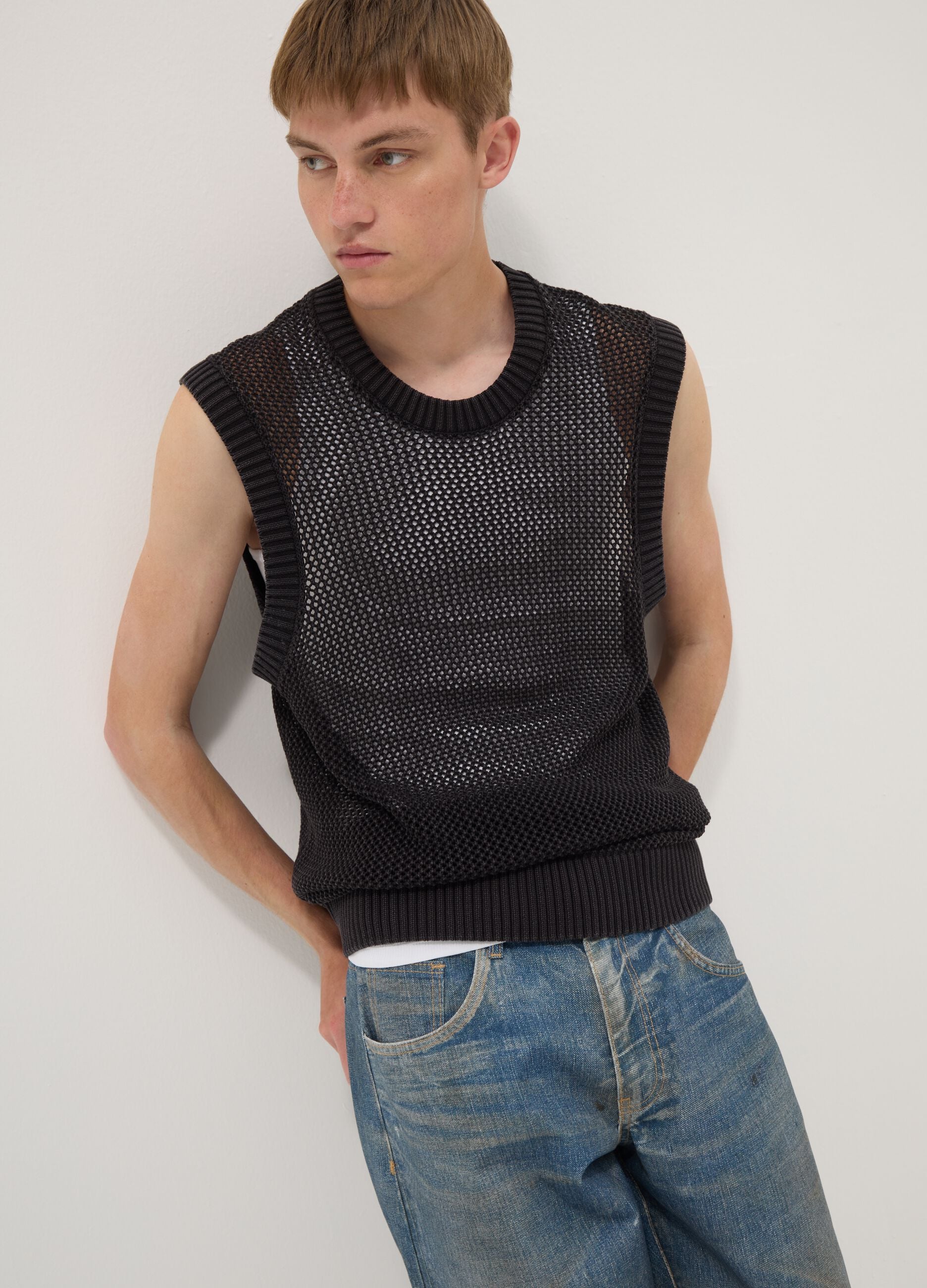 Black pure cotton mesh sleeveless top, oversized fit