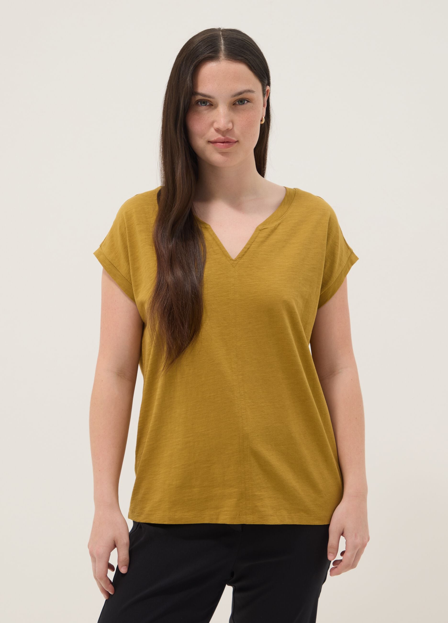 Yellow pure cotton regular fit V-neck T-shirt