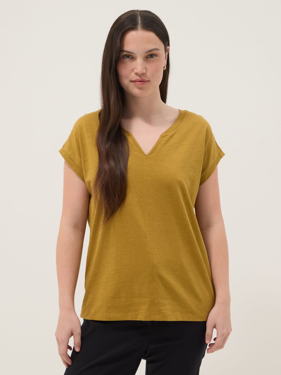 Yellow pure cotton regular fit V-neck T-shirt_1