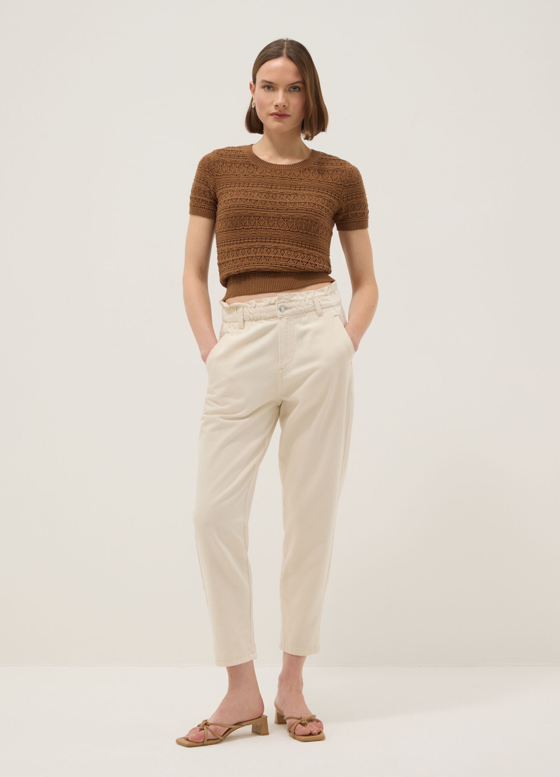Brown pure cotton regular fit knitted sweater