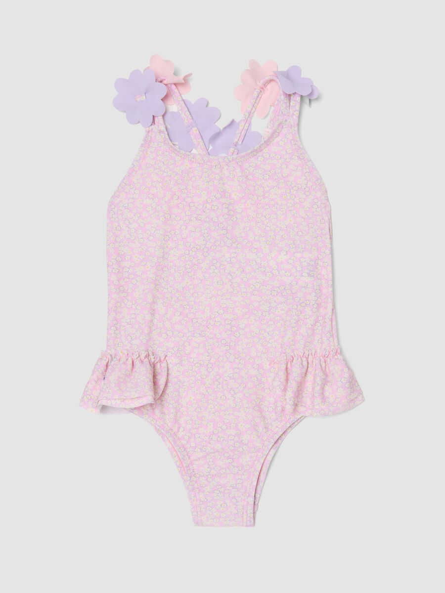 Costume intero rosa in tessuto elasticizzato con fiori applicati per bimba_0