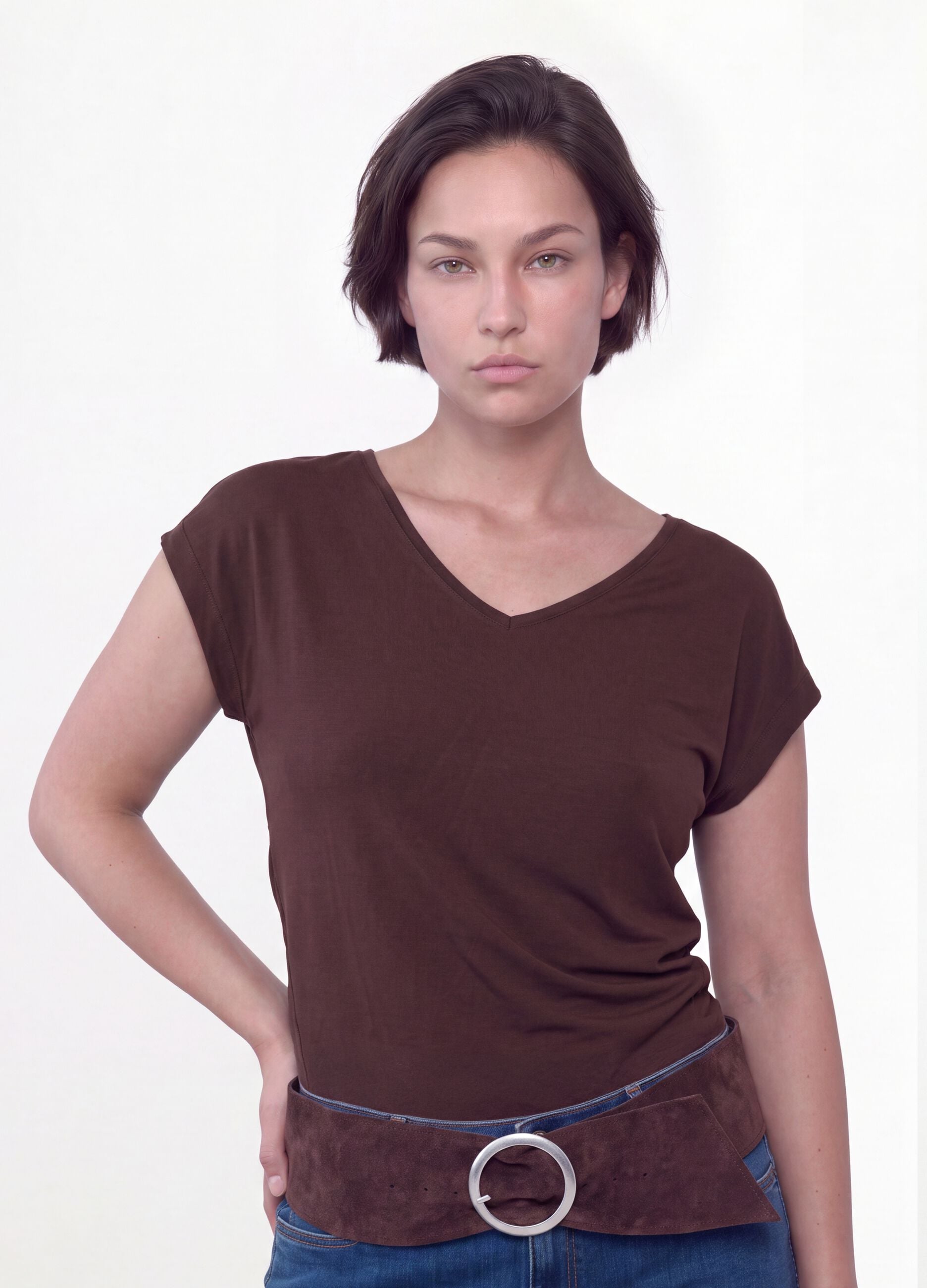 Brown pure viscose V-neck T-shirt, regular fit