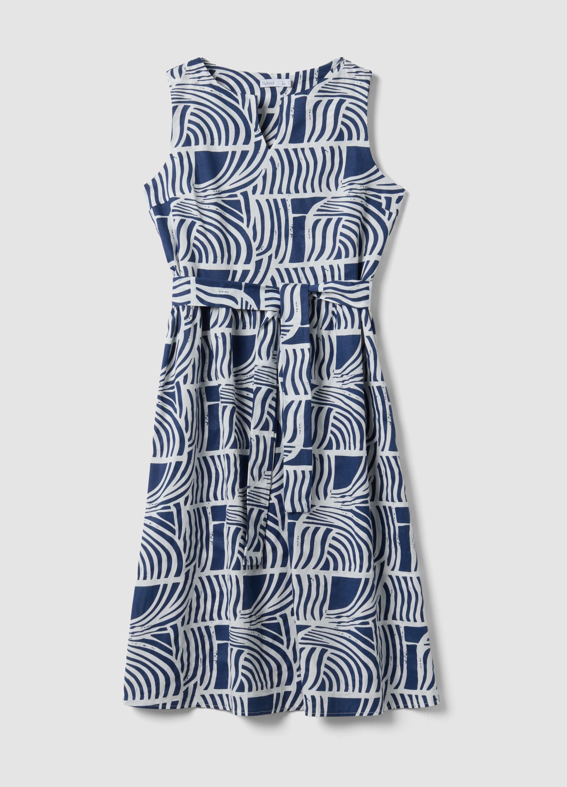 Blue pure cotton dress with print and matching belt, regular fit