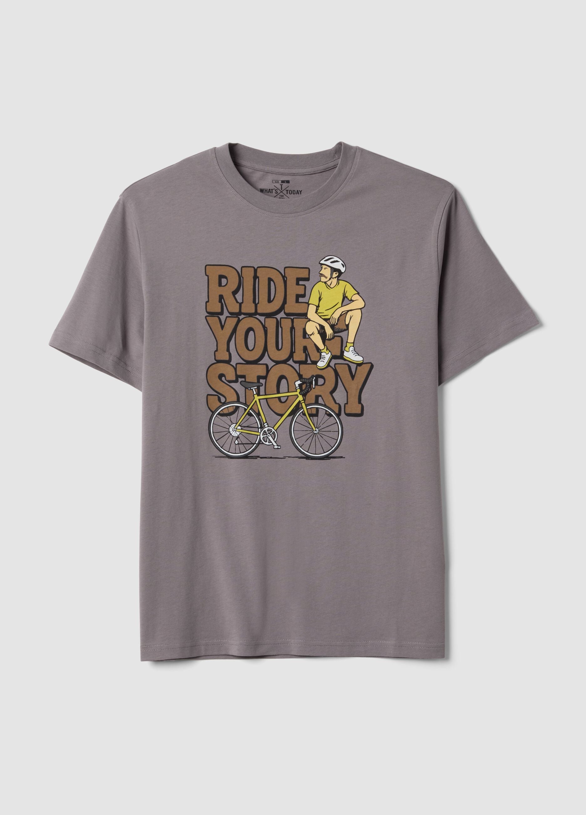 Grey pure cotton T-shirt with front print, regular fit