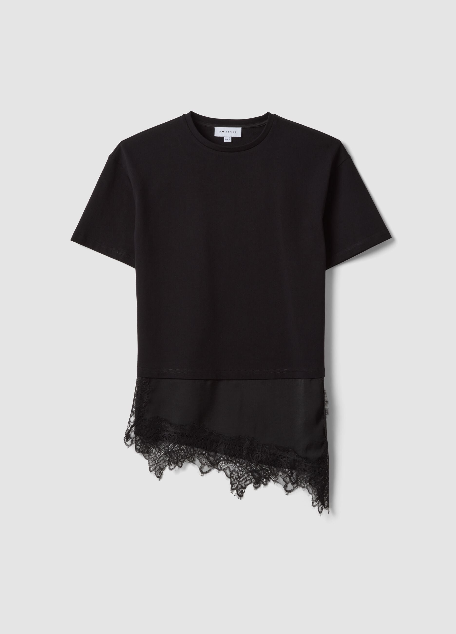 Black pure cotton T-shirt with lace insert, relaxed fit