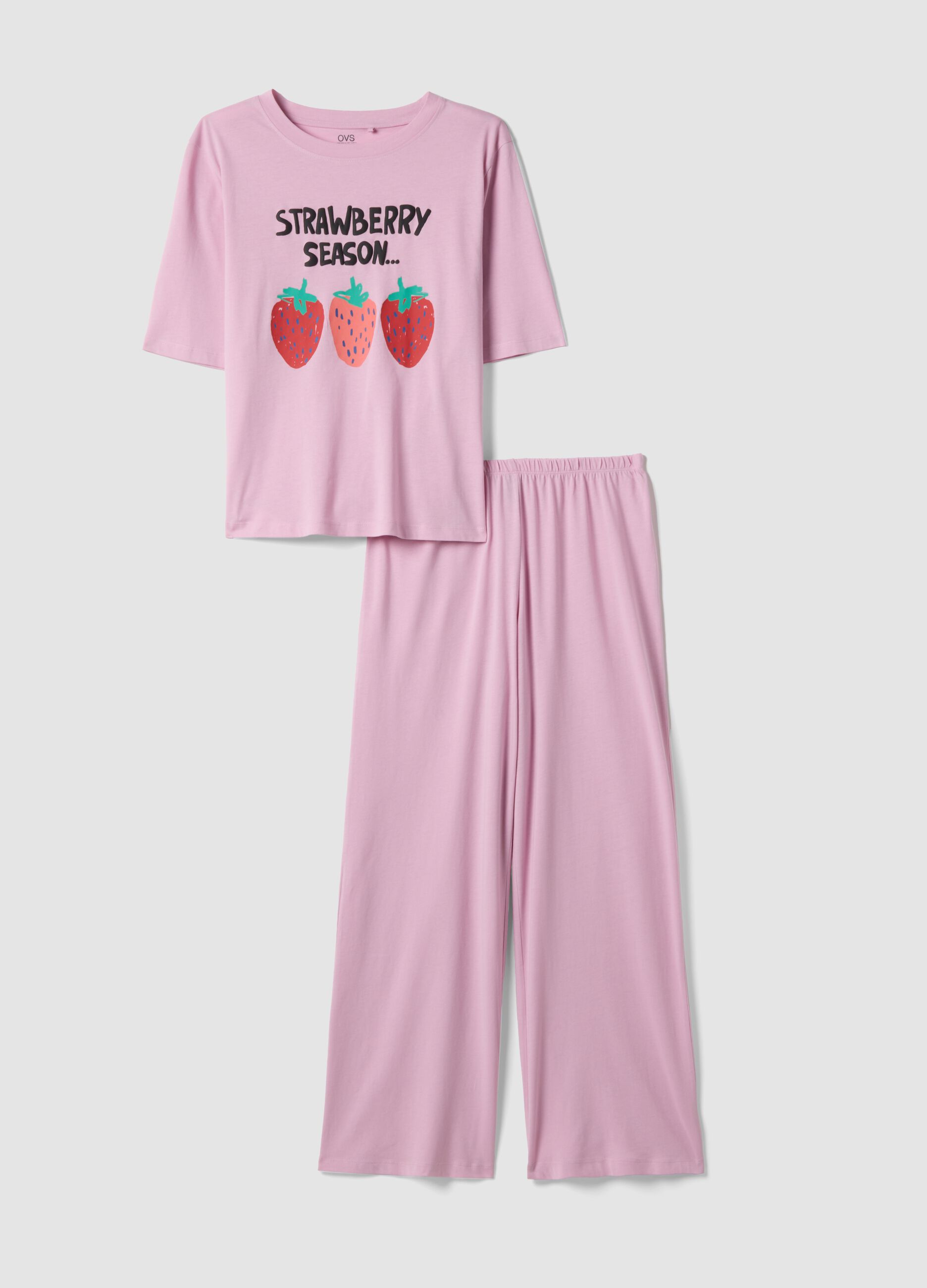Long pink pure cotton pyjamas with strawberries, regular fit