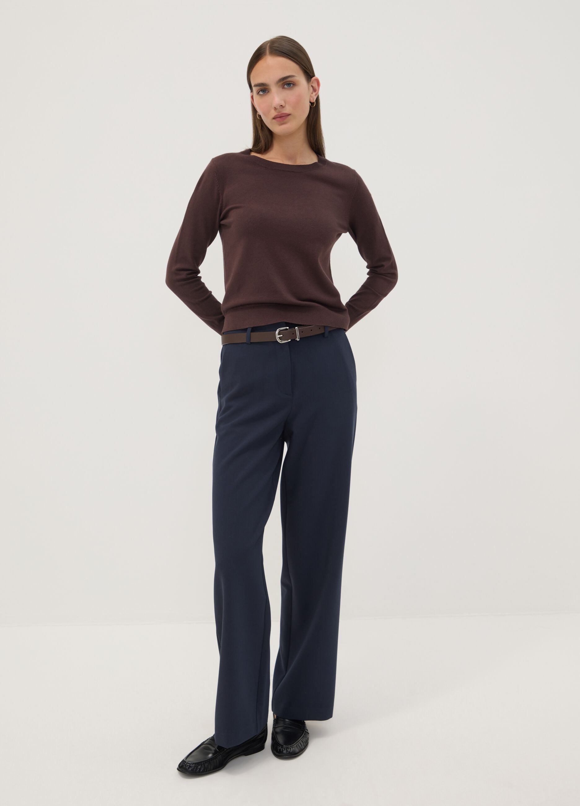 Brown viscose-blend crew-neck top