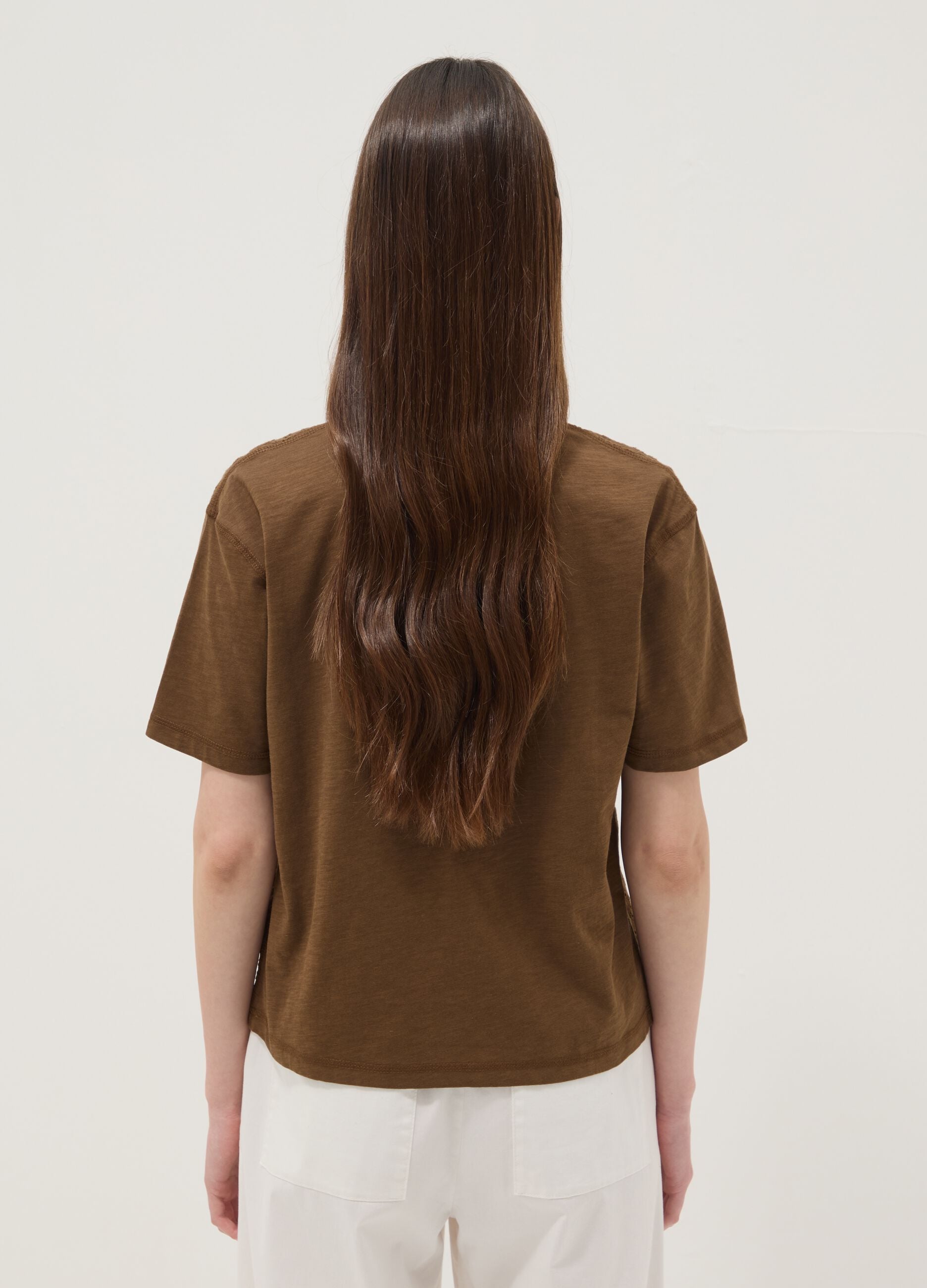 Brown pure cotton T-shirt with broderie anglaise embroidery