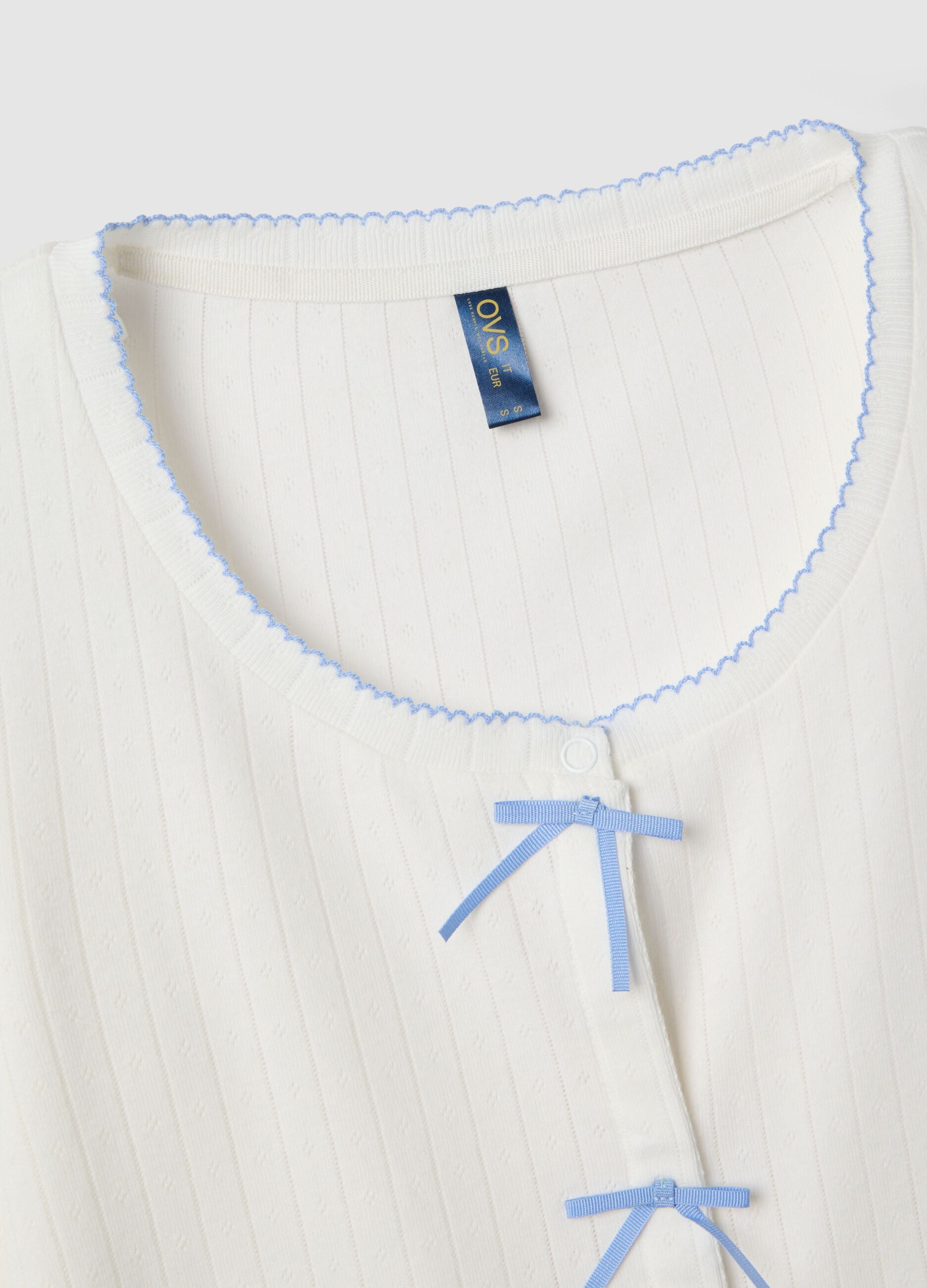 White pure cotton regular fit pyjama shirt with embroidery