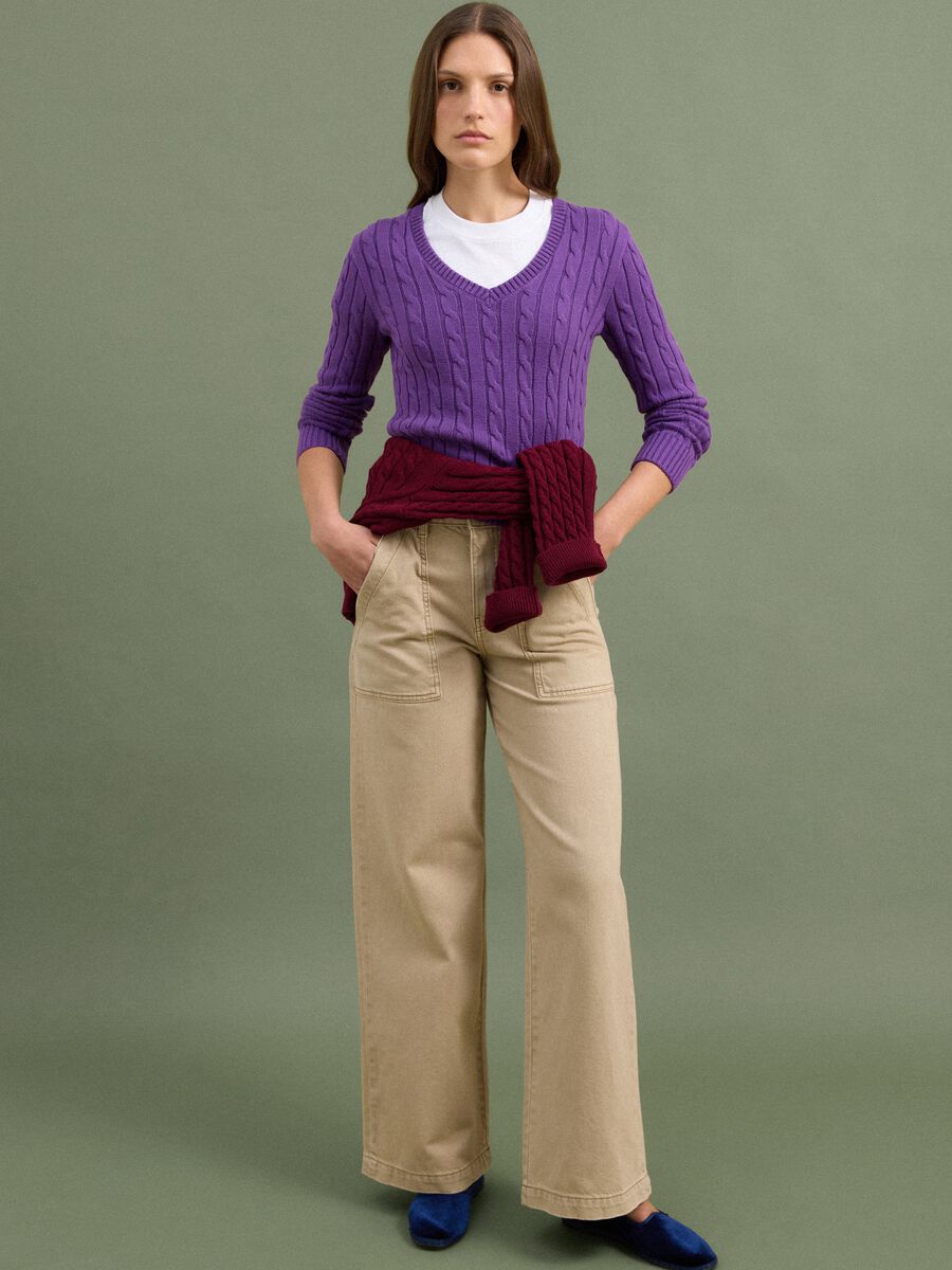 Purple pure cotton cable-knit jumper with deep V-neck_2
