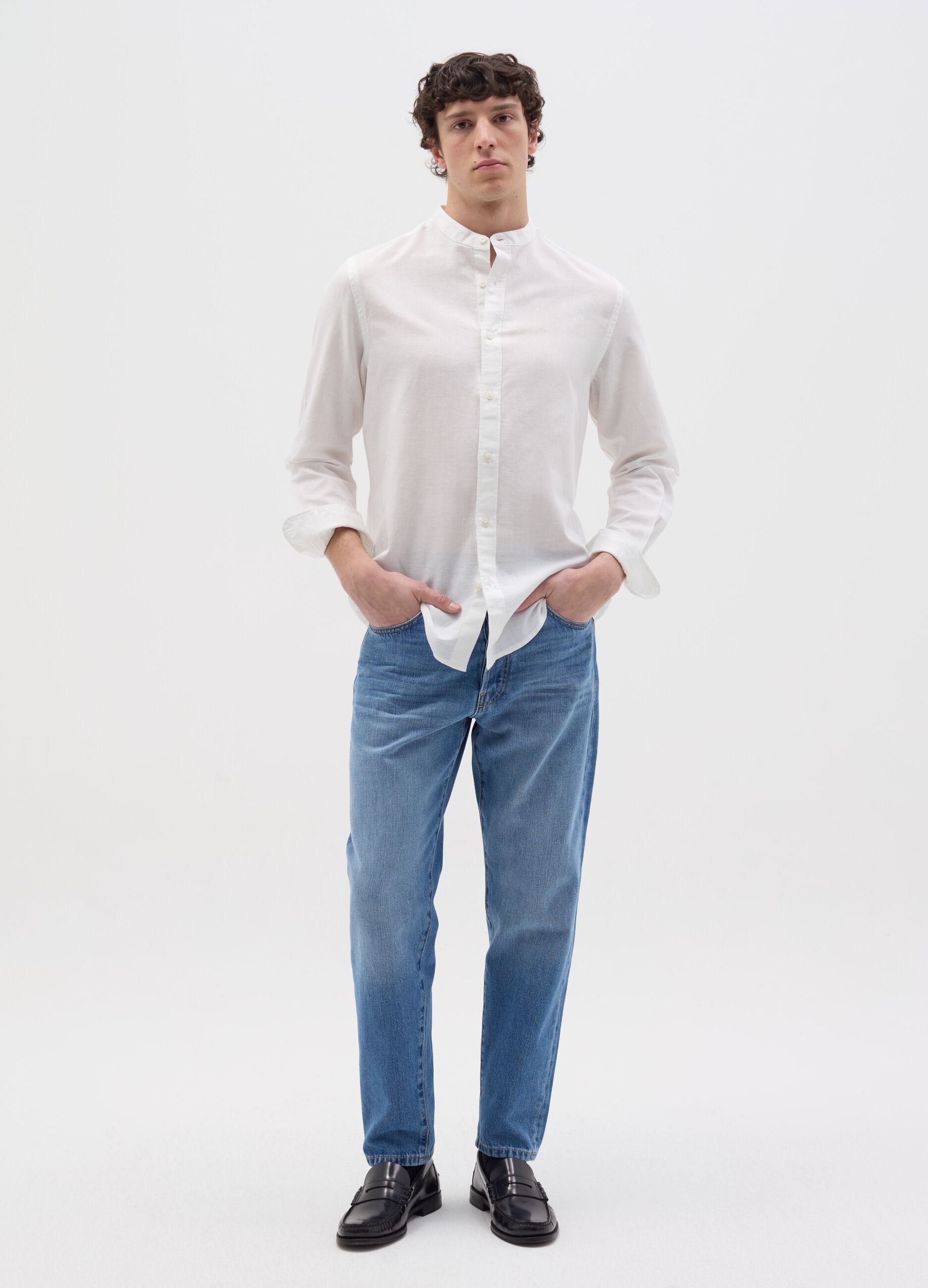 Cotton and linen shirt with Mandarin collar