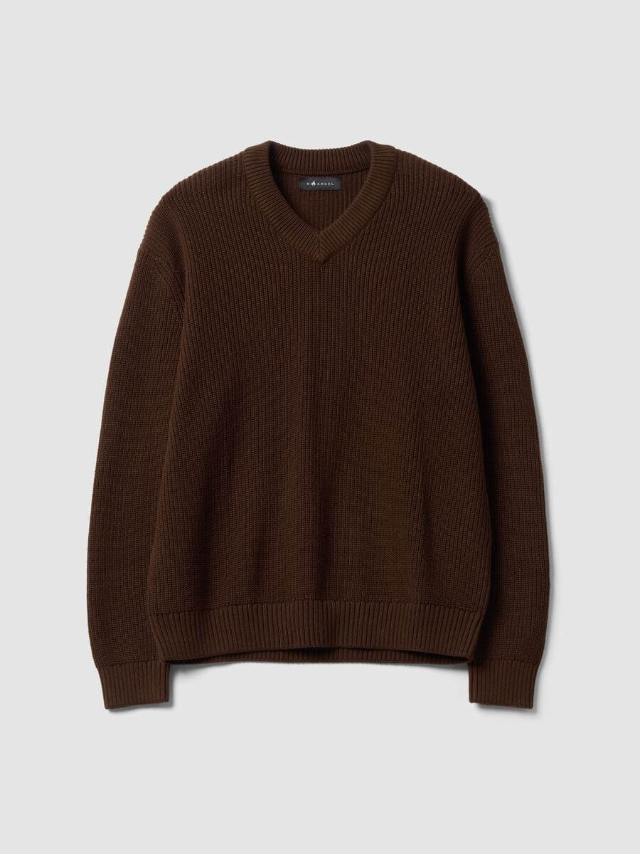 Maglia marrone in puro cotone con scollo profondo a V regular fit_0