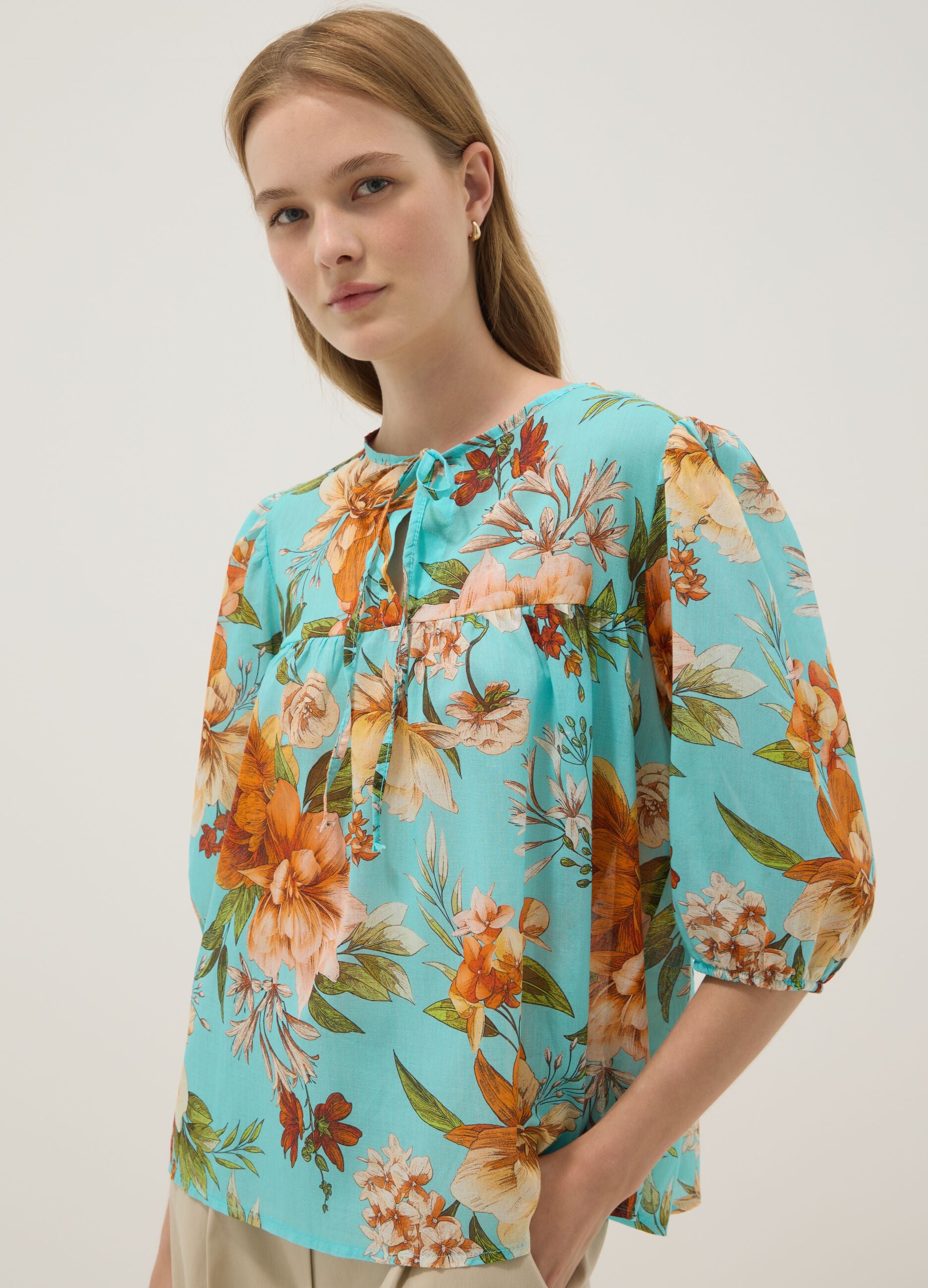 Blue pure cotton blouse with floral print