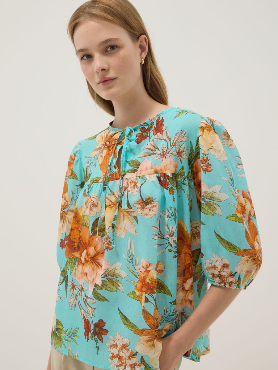 Blue pure cotton blouse with floral print_0