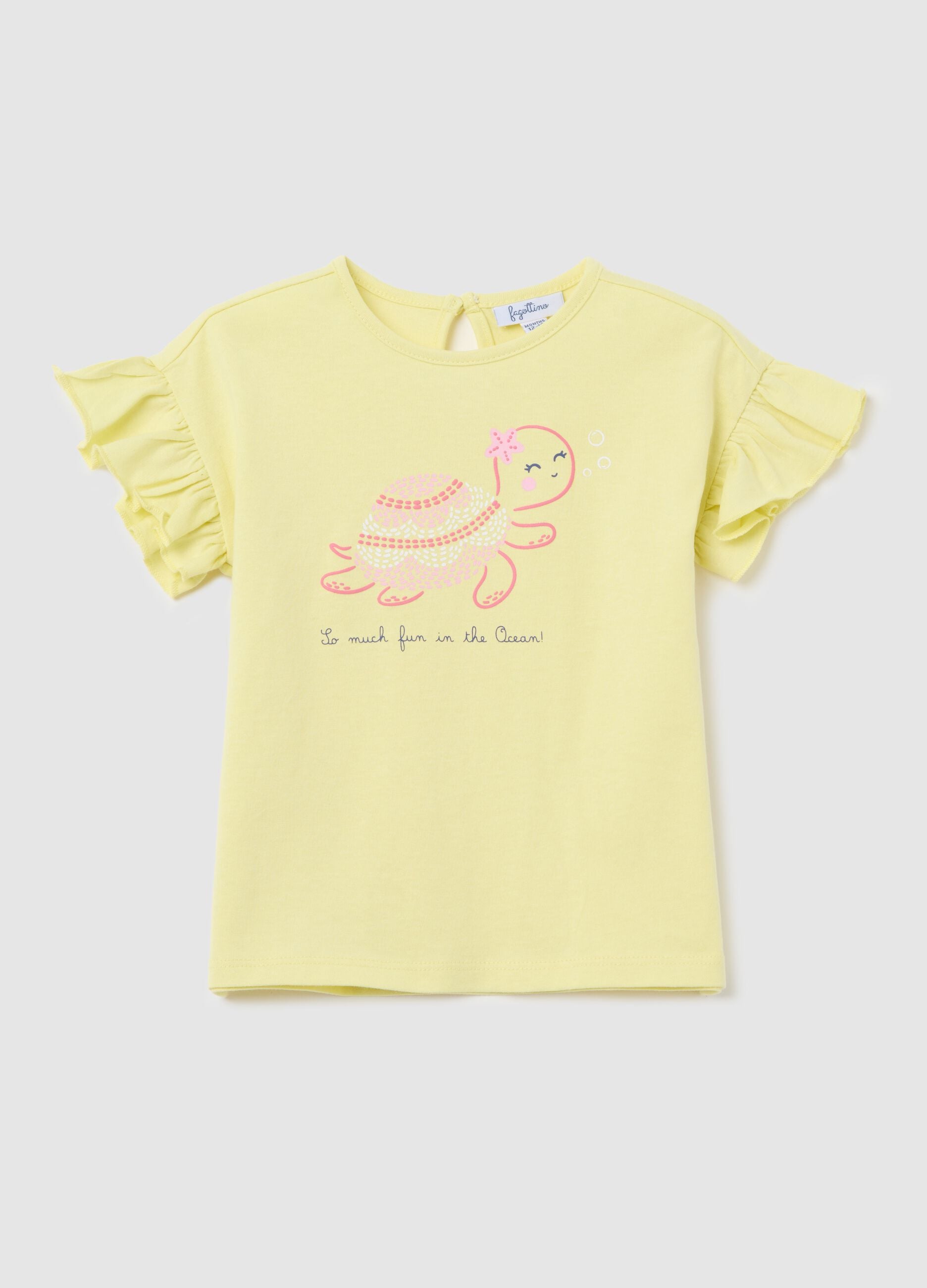 Yellow T-shirt in cotton with print and flounce