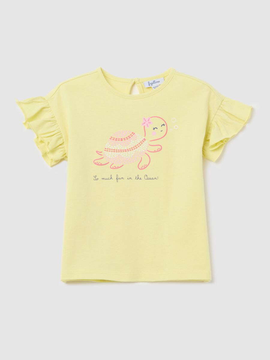 T-shirt gialla in cotone con stampa e volant _0