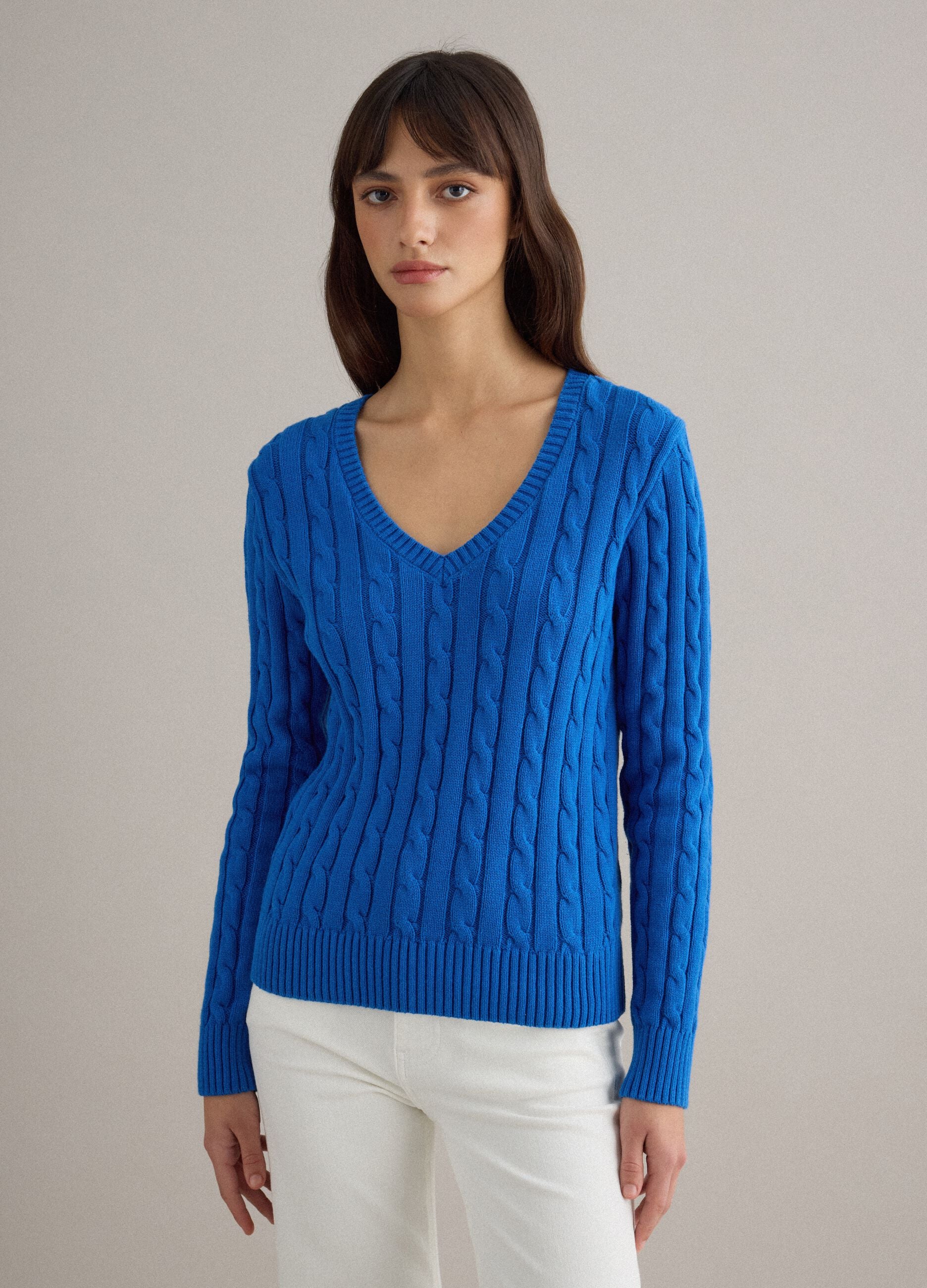 Blue pure cotton regular fit pullover with cable knit