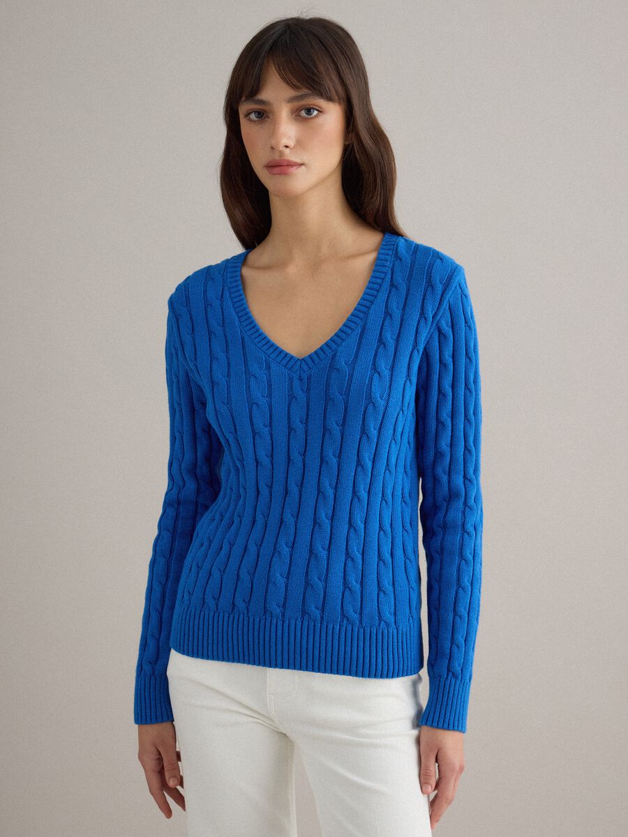 Pullover blu in puro cotone regular fit con lavorazione a treccia_1