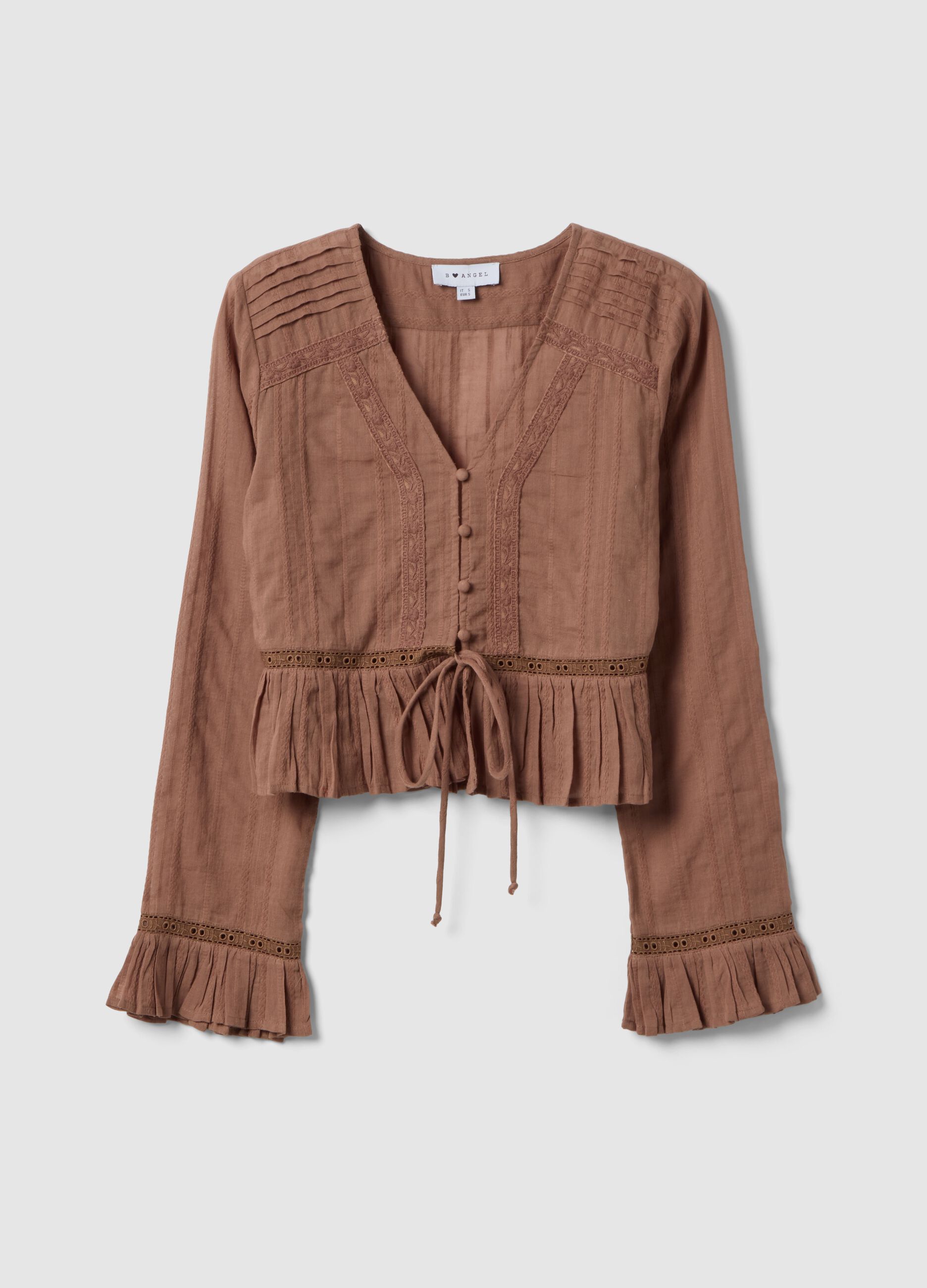 Brown pure cotton regular fit shirt with ruffles